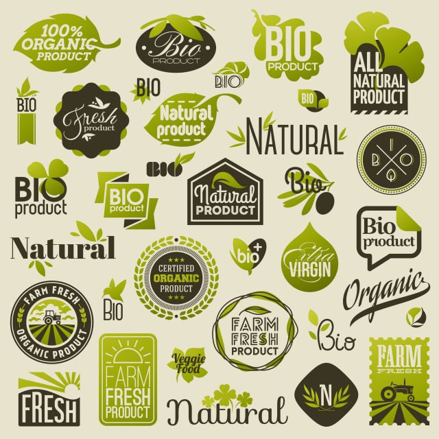 Natural organic product labels, emblems and badges. Set of vecto